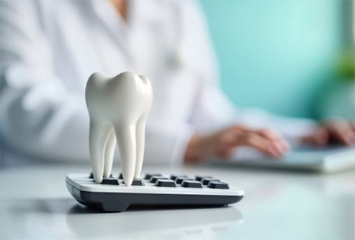Model tooth on a calculator with dentist typing blurry in background