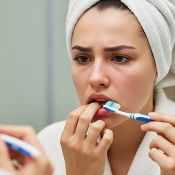 Concerned woman looking at her gums in mirror